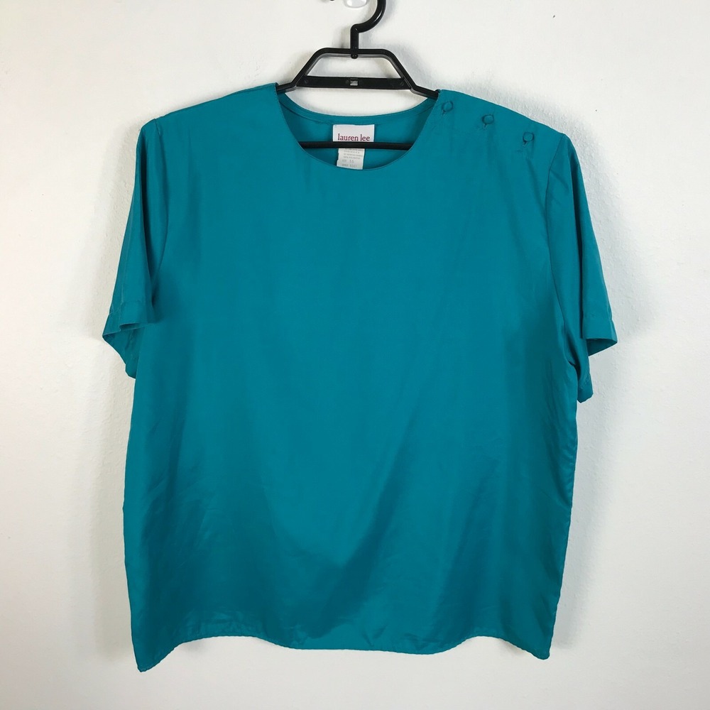 Vintage 1980s Lauren Lee Blouse Size 16 Polyester Lightweight‎ Short Sleeve Blue